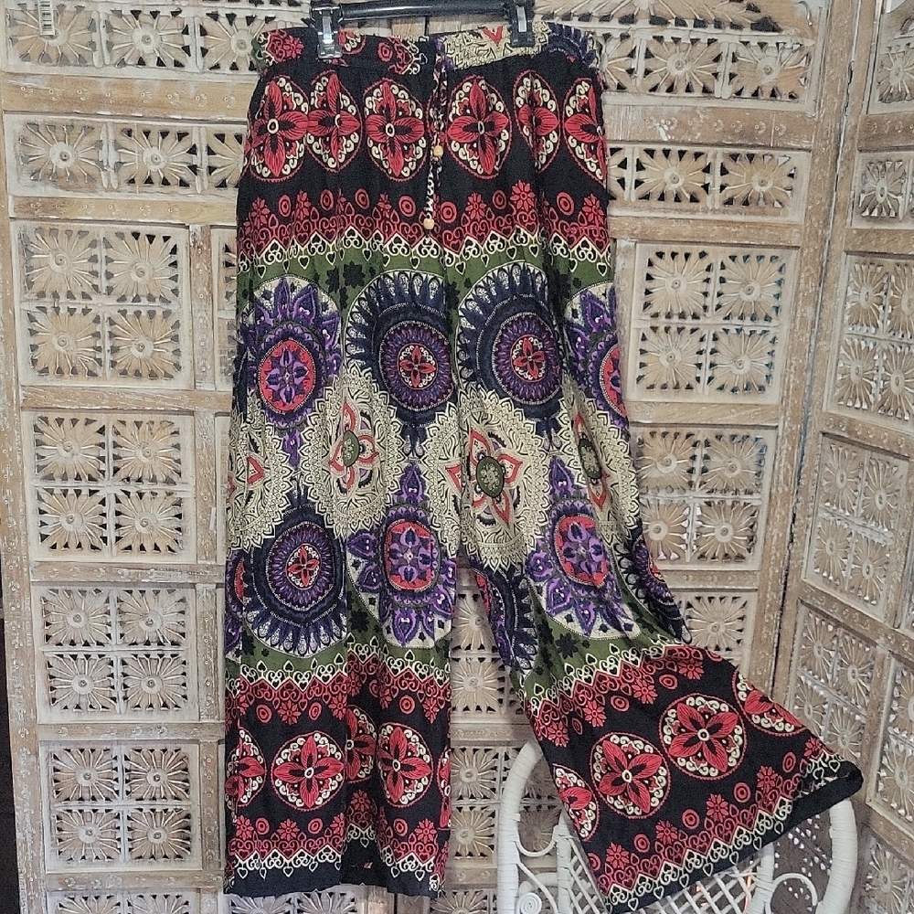 Boho Multicolor Wide-Leg Patchwork Patterned Pants
